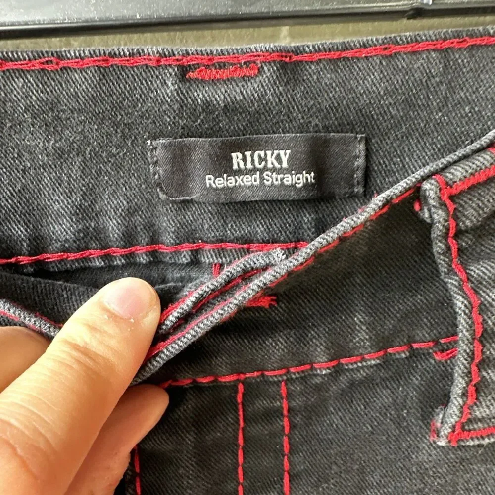 True Religion Ricky Super T Relaxed Straight Jeans Mens 36 Black Red Stitch Flap